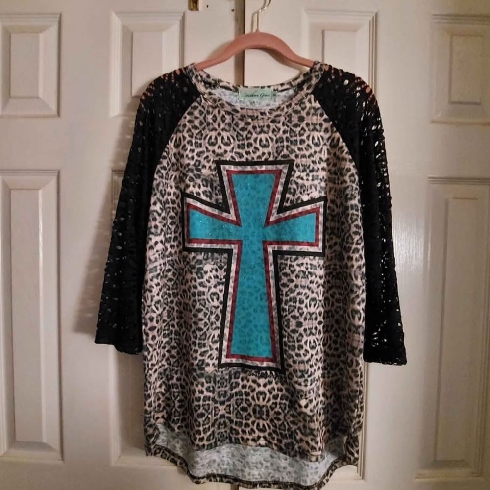 Leopard Print Long Sleeve Top with Blue Cross